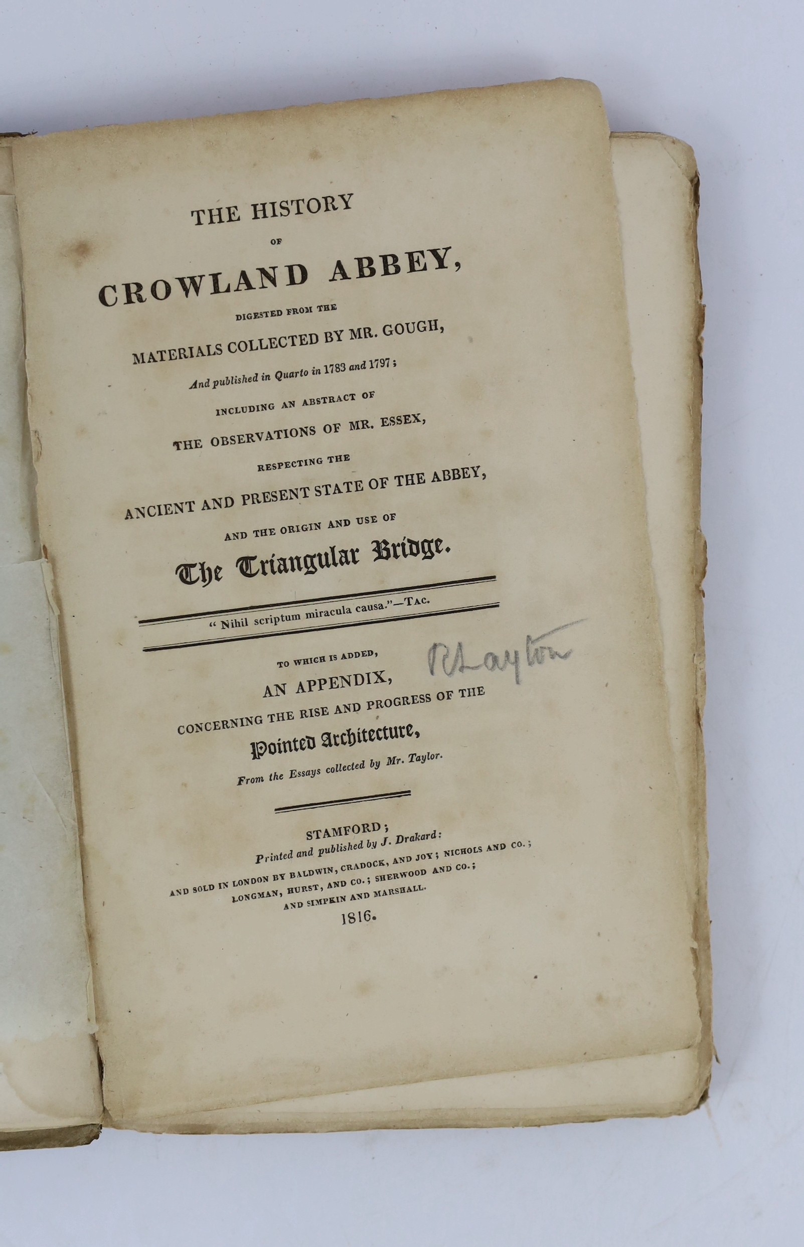LINCS: Bibliotheca Topographia Britannica. No.XXII. Containing Mr Essex's Observations on Croyland Abbey and Bridge; and other additions ... folded plans, text engravings; newly rebound cloth and printed label, 4to. 1784